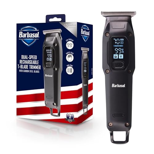 Barbasol T-Blade Trimmer, Rechargeable Hair and Beard Trimmer for Men, Dual Speed Hair Trimmer with 6 Clipper Guide Combs, LED Display, Clipper Oil, Brush, & Travel Bag