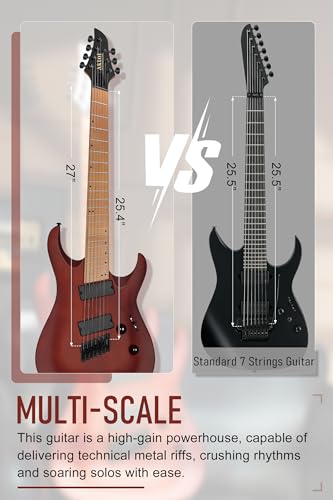 Image of AKLOT Multi-Scale 7-String Electric Guitar: Roasted Maple Neck with String-Through Bridge Electric Guitars Kit with Okoume Body, HH Pickup, Gig Bag, Strap, String Mute, Distortion Pedal, XRN-7 TB