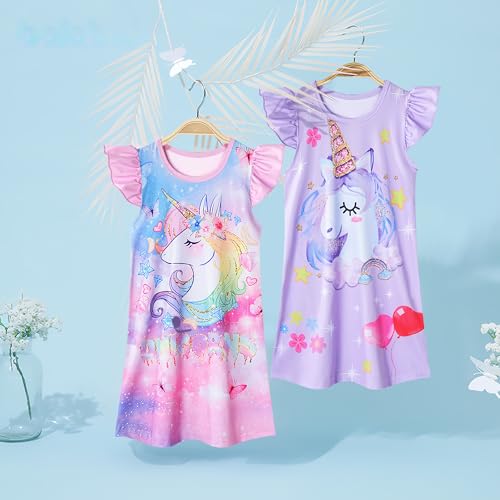 LQSZ 2Pcs Girls Nightgowns 3-10 Years Flutter Short Sleeves Dress Nightdress Sleepwear Pajamas Nightgowns for Girls3