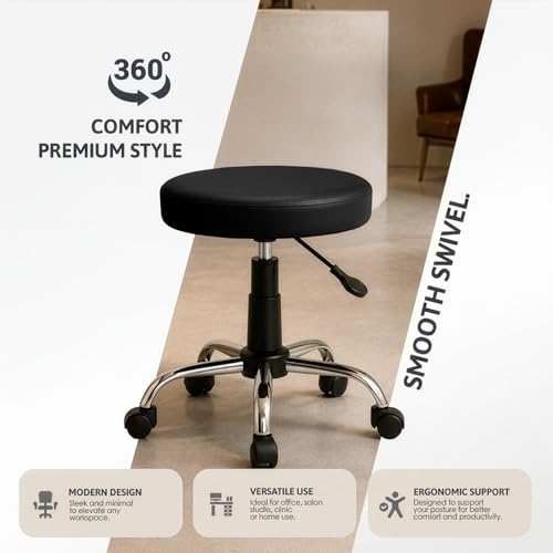 Image of DIYA Seating Nexa Round Stool (1 Year Warranty) with Adjustable Height, Wheels and Bonded Leather Upholstery, Sitting Stool for Salon, Doctor, Medical, Spa, Restaurant, Kitchen, Musicians- Black