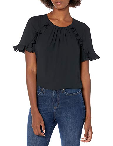 Amazon Brand - Lark & Ro Women s Georgette Half Sleeve Crew Neck Blouse with Ruffle Details, BLACK, Large