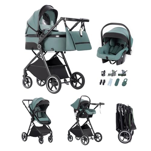 Kakbgee Trio Poussette 3 en 1 avec Siège Auto, Landau Bébé Pliable, 7 Positions Poignée, Suspension 4 Roues, Housse Pluie, Moustiquaire, Système de Voyage...
