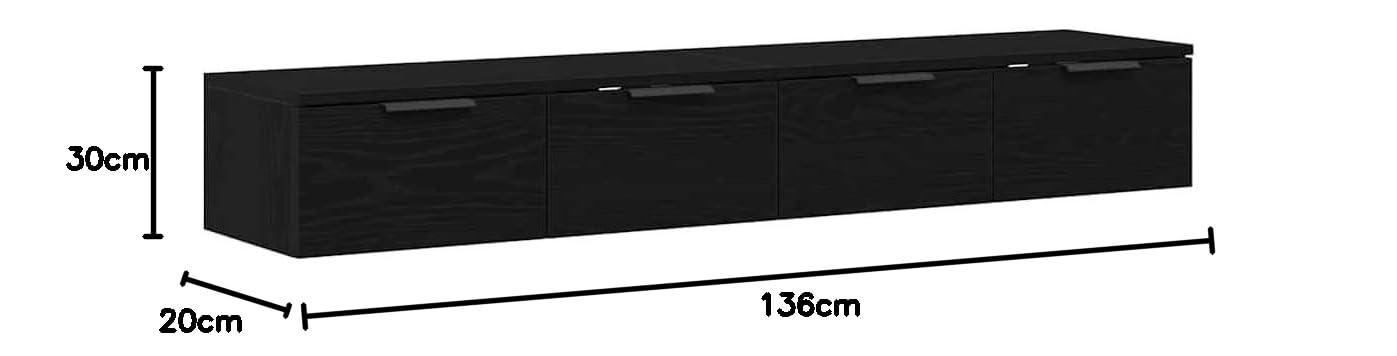 Wandregal Schwarz 2 Stück Holzwerkstoff 136x30x20cm Modernes Schweberegal mit 25kg Tragkraft für Wohnzimmer Küche und Badezimmer