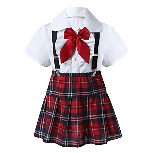 ranrann Conjuntos para Niñas Uniforme Escolar Infantil 4PCs Camisa Manga Corta Falda con Tirantes a Cuadros Falda Plisada Dulce Conjuntos de Verano Blanco 4-5 años