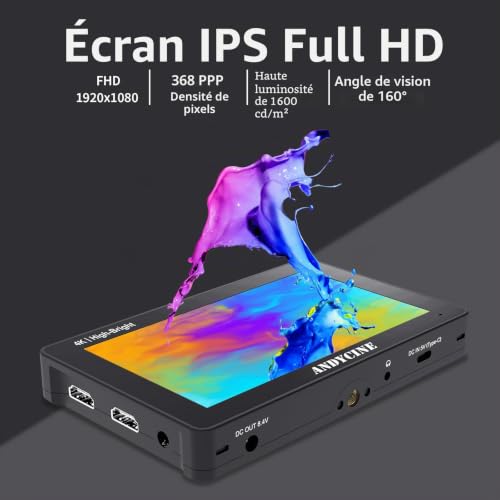 Andycine A6 II 1600nits 5,5 Pouces écran Tactile dlsr caméra Moniteur de fichiers vidéo Haute luminosité Support Waveform 3D lut Focus Peak, Panneau Externe f970 (Batterie, Sac de Transport Inclus) – vue 4