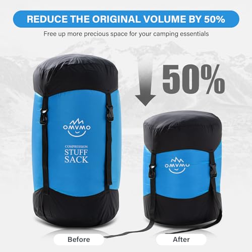 OMVMO Sleeping Bag Stuff Sack, 11L/18L/30L/45L/52L Water-Resistant Compression Sack,Anti-Tear Ultra Light Nylon Storage Bag,Black/Yellow/Orange/Dark Blue/Dark Green/Sky Blue (Sky Blue, S/12L)