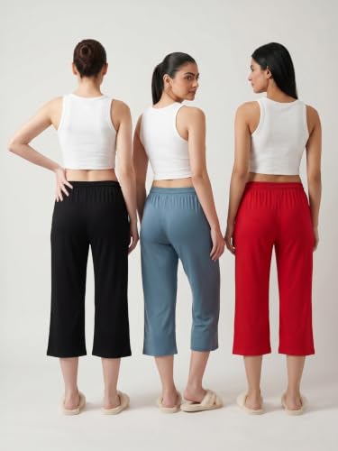 Image of Fflirtygo Women's Cotton Plain Calf Length Capri | Nightwear Pajama | 3 /4th Solid Pyjama Pant | Black Navy and Lavender Lounge Pants | Casual wear & Lounge Wear Capri Combo (Pack of 3)