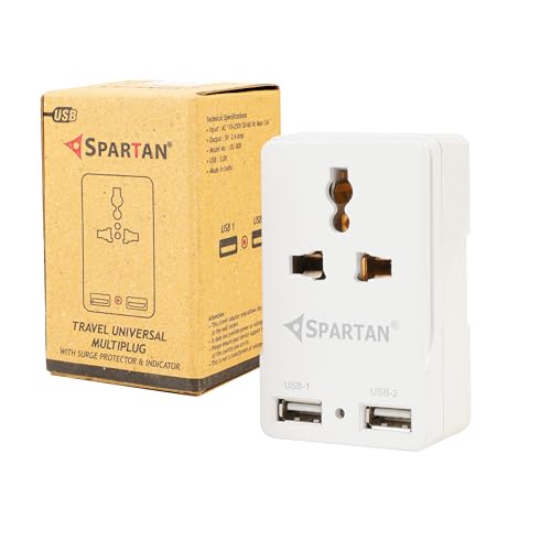 Image of Spartan 3 Pin All Multiplug Charger /Travel Adapter, 10A Power Sockets / 2Pin & 3Pin Socket Adapter with Dual USB Charging Port (White, Pack of 1)