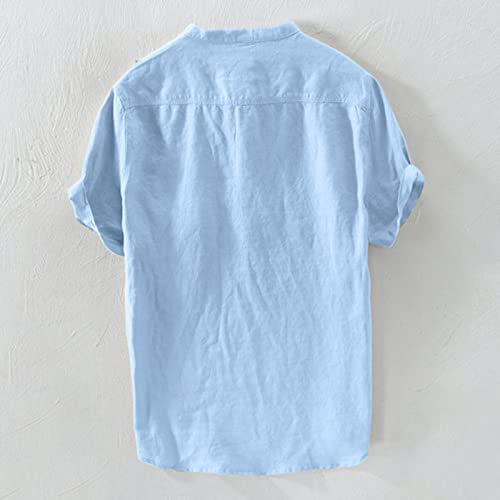 Blusa masculina de verão de algodão puro com botão de cânhamo e manga curta, X6 - azul, GG