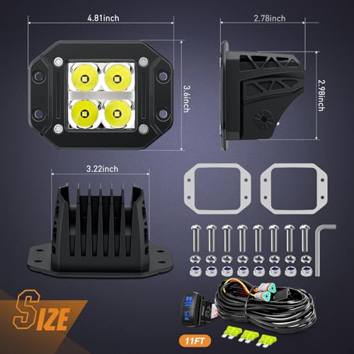 Nilight Flush Mount LED Pod Lights with Amber DRL 2PCS 4.8Inch Spot Beam 20W 2510LM Backup Reverse Offroad Driving Light w/ 16AWG Wiring kit for4x4 Truck SUV Jeep by Nilight - Image 2