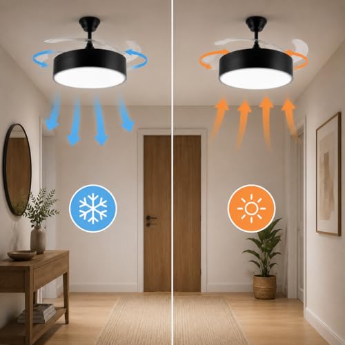 Miniatura 7 de M Ledme - Ventilador De Techo Con Luz Led Messe 72w Negro, Control Remoto, 6 Velocidades, Silencioso,4 Aspas Retráctiles, Función Verano-Invierno, Temporizador, 3 Tonalidades. Con App
