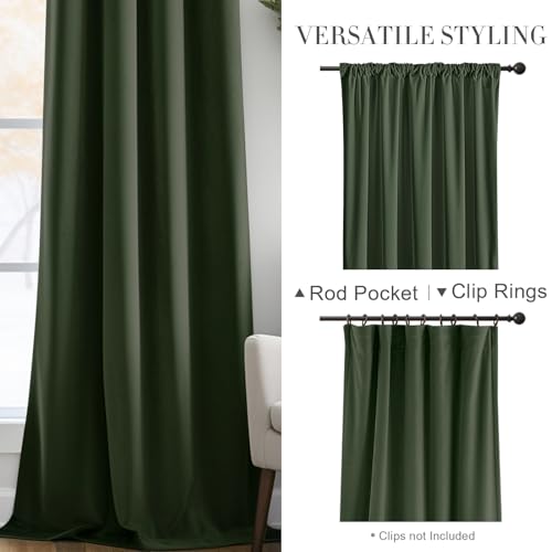 Lazzzy Moss Green Velvet Blackout Curtains Green Thermal Insulated Curtains 84 inch Long Drapes for Bedroom Darkening Window Treatments Rod Pocket Living Room Curtains Set of 2 Panels - Thumbnail 4