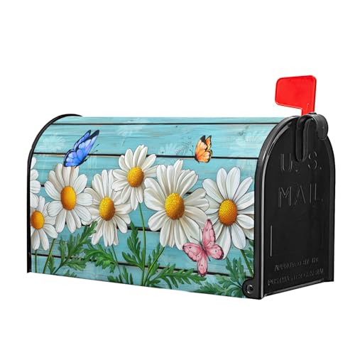 Image of Rustic Spring Summer Daisy Mailbox Covers Magnetic Large Size Spring Teal Old Wood Board Magnetic Mailbox Covers Daisy Floral Mailbox Wrap Post Letter Box Cover for Garden Yard Decor 25x21 Inch
