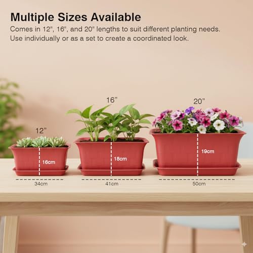 Image of GARDENS NEED 12-16-20 Inches Window Rectangle Flower Pot with Tray | Set of 3 | Brown | Plastic Planter Pots for Indoor & Outdoor Home, Office & Balcony Decoration
