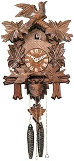 River City Clocks One Day Cuckoo Clock with Carved Maple Leaves and Moving Birds, Hand-Painted Flowers, 13-Inch Tall