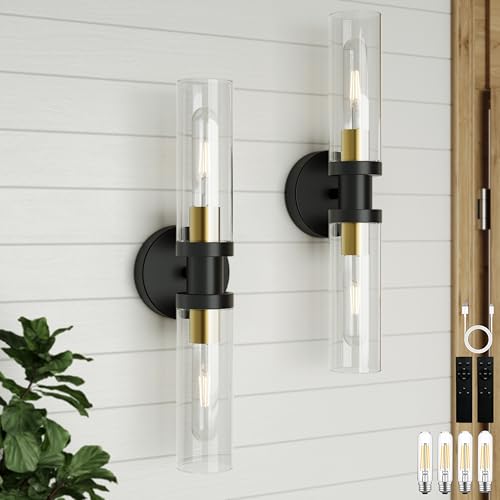 Rayogale Rechargeable Battery Wall Sconce 2 - Wireless, Dimmable, Timer, Remote, Touch Control, 3000K, USB-C Charging for Living Room, Bedroom Black Gold 2 Pack (Include 4 Specia Bulbs)