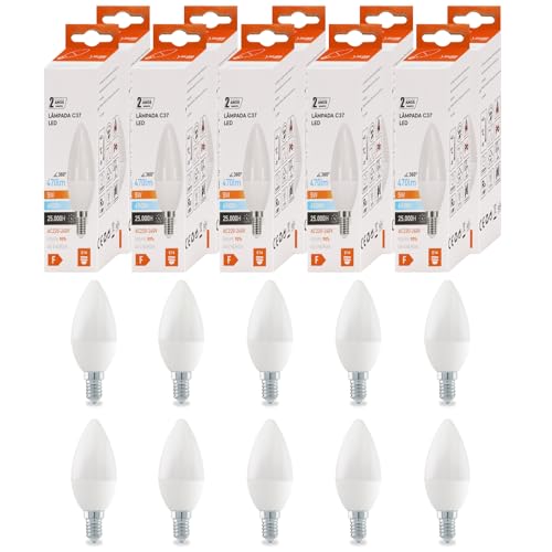Maxled, Light is Led! Pack de 10 Lámparas LED E14 Candil, 6500K Luz Fría, C37 Ahorradora, 5W Sustituye 40W Halógena, 470Lm, 200°, No Regulable, 220-240V CA