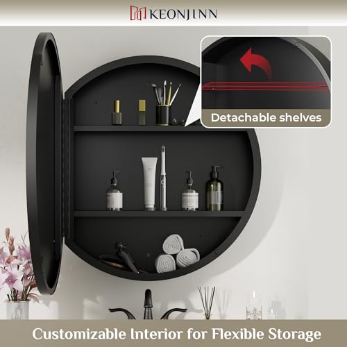 Image of Keonjinn 20 Inch Black Round Medicine Cabinet with Mirror, Rust Resistance