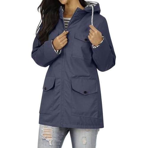 Chaqueta impermeable mujer con forro a rayas y capucha ajustable 3