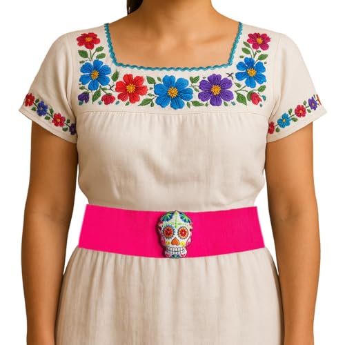 Day of the Dead Sugar Skull Belt, Hot Pink Elastic Waist Belt, Mexican Folk Art Fashion Accessory