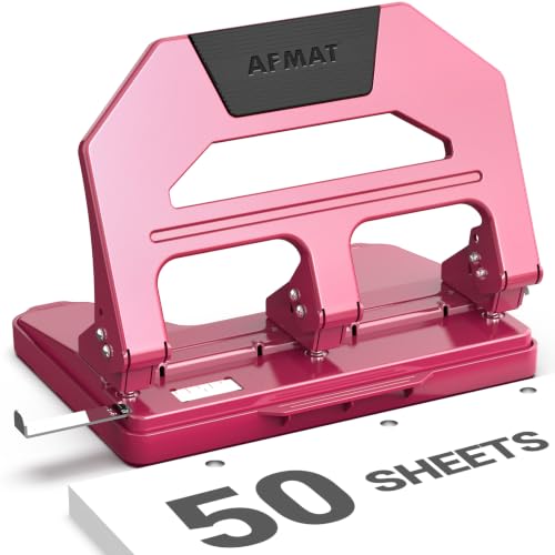 Image of AFMAT Heavy Duty 3 Hole Puncher, 50-Sheet Paper Punch Heavy Duty, 50% Reduced Effort Three Hole Punch, 10K+ Uses, Metal Hole Puncher 3 Ring w /Large Tray, Bulit-in S.S. Paper Guide HPX4