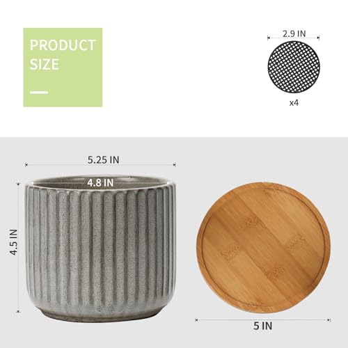 BABALIU 5.25 Inch Ceramic Plant Pots with Drainage Holes and Trays, Vertical Stripes Planter Pot with Saucers for Indoor Flowers, Succulent, Snake Plants, Cactus & Herbs, Grey-Green, Set of 4 by BABALIU - Image 3