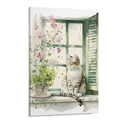Pintura de acuarela de gato en la ventana para solucionar paredes vacías