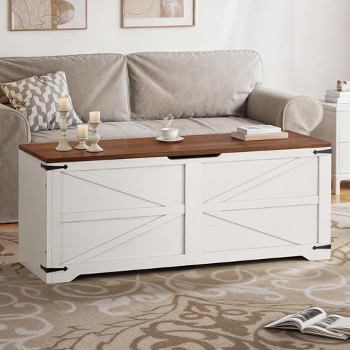 DWVO 47.2" Farmhouse Storage Bench, Wooden Chest with Safety Hinges, Entryway Shoe Organizer, Multi-Use Storage for Living Room/Bedroom