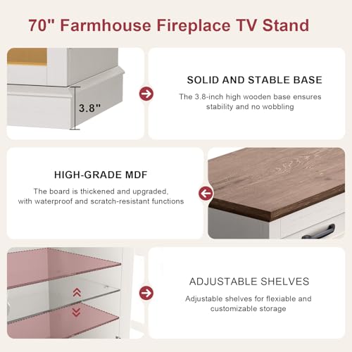 MXV 70\" Fireplace TV Stand, 3-Sided Glass Fireplace and Modern Entertainment Center, Wooden Media Console with Glass Doors & Storage Drawers, LED Light, for Living Room, White - Thumbnail 3
