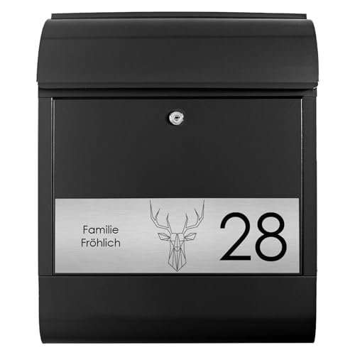 banjado Briefkasten personalisiert mit graviertem Namensschild in Edelstahl - Wandbriefkasten Schwarz - Postkasten mit Hausnummer, Namen & Motiv Sternbild Hirsch - Briefkasten mit Zeitungsfach