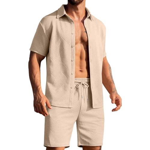 Richymfa Conjunto de verano para hombre, conjunto casual de dos piezas, conjunto deportivo blusas con botones y pantalones cortos con cordón anchos, chándales ligeros para la playa Slim Fit Chándal de