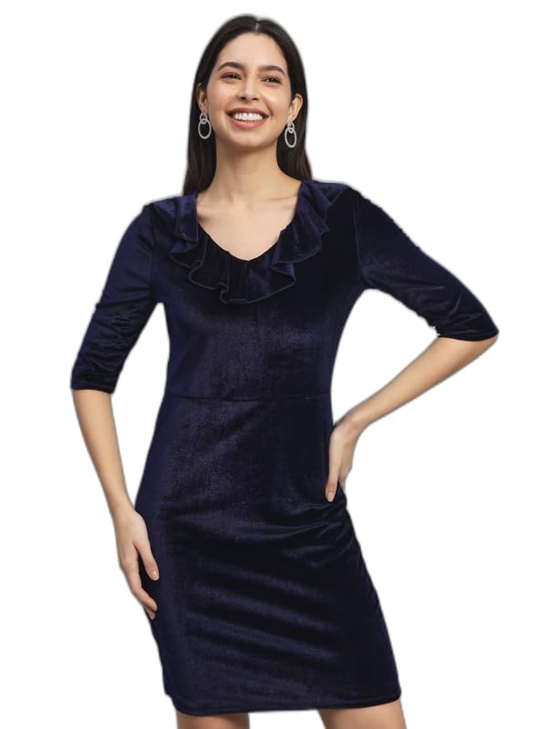 Image of Vaararo V-Neck Party Dress for Women Bodycon | Shiny Velvet Half Sleeves Above Knee Length Outfit