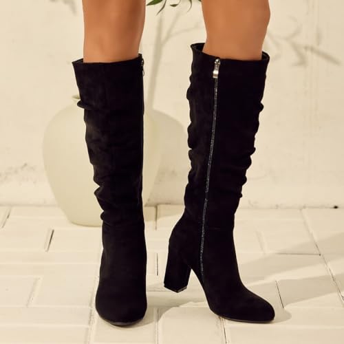Womens Knee High Boots Chunky High Heel Round Toe Side Zipper Wide Calf Boot for Fall Winter Outfits3
