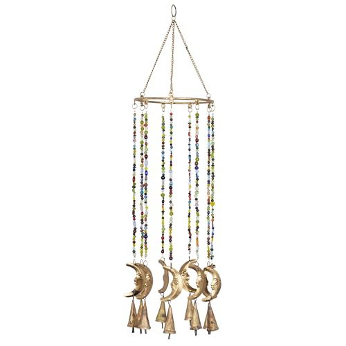 Deco 79 Metal Moon Windchime with Glass Beads and Cone Bells, 7" x 7" x 19", Gold