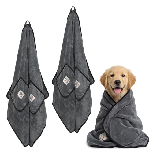 Image of 2 Pack Ultra-Absorbent Luxury Dog Towel, 130 x 70cm Microfibre Dog Towel with Lanyard, Super Absorbent Puppy Towel, Dog Towels for Drying Dogs for Small, Medium, Large Dogs Cats Pets Bath, Rain,Travel