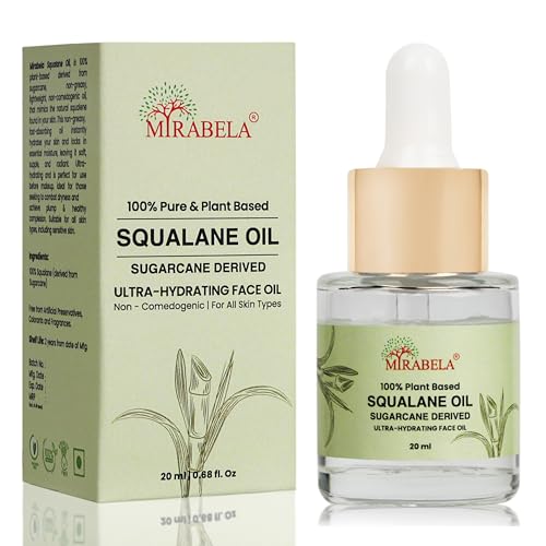 Image of Mirabela Squalane Oil for Face - Hydrating Face Oil for Glowing Skin, Hydration, Lightweight Moisturizer, 100% Plant Derived Sugarcane Squalane Oil from France, Non-Comedogenic, All Skin Types, 20ml