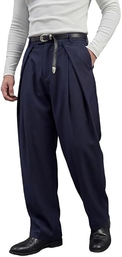 FUGAZEE Polyester Navy Pleated Korean Trousers | Straight Fit with Button Closure