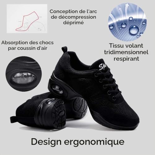 Chaussures de Sport Jazz pour Femmes Chaussures d'entraînement à la Danse de Danse de Marche Sportive de Athletic à Lacets Mesh de Coussin d'air Fitness Femme Sneakers Noir 38 – vue 5