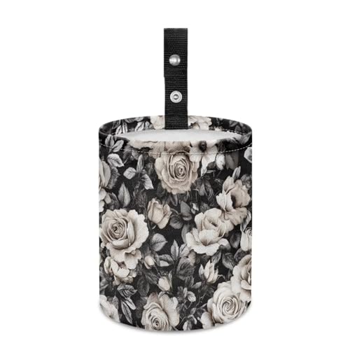 Image of Black White Rose Car Trash Can Cute Garbage Bin Hanging Portable Dustbin Bin Waste Basket Collapsible Small Trash Can Easy to Clean