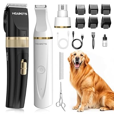 HEAPETS Dog Hair Clippers for Grooming Kit and Dog Paw Trimmer Nail Grinder for Grooming, Low Noise Rechargeable Cordless, Shaver Grooming Supplies for Pet Cats Dogs (Black, White)