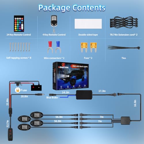 4Pods Segmented RGB LED Rock Lights Kit with APP/RF Remote Control, Brightness Upgraded Multicolor Underglow Lights Neon Music Mode Waterproof 12V Underbody Light for Trucks Pickup Jeep Golf Cart ATV by ZONECONA - Used condition - Image 6