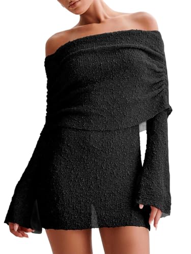 Women's Off Shoulder Cover Ups Summer Beach Swimsuit Long Bell Sleeve Sheer Dress Bathing Suit Coverup