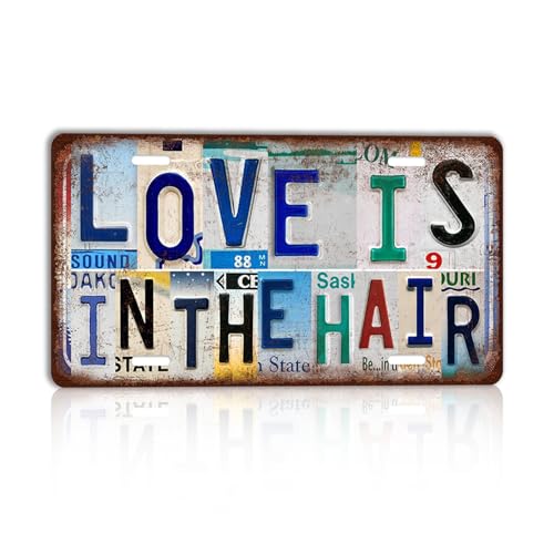 CHCdecor Vintage License Plate Metal Sign Love Is In The Hair Hairdresser Gift Salon Wall Decor Hairstylist Beauty Room Art 12x6 Inch