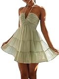 Miolasay Women's Summer Halter Neck Mini Dress Floral Sleeveless Flowy Tiered A Line Dress Backless Beach Vacation Sundress (A-Green, S)