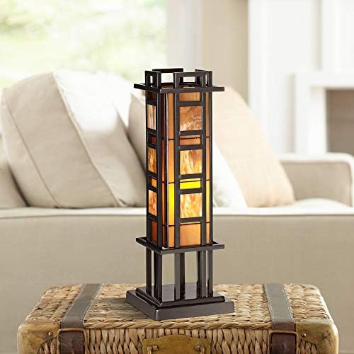 Robert Louis Tiffany Prairie Style Mission Rustic Pillar Accent Table Lamp Bronze Iron Column Hand-Cut Amber Stained Art Glass for Living Room Bedroom House Bedside Nightstand Home Office Family