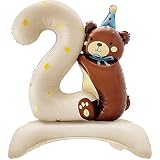 Gleemix Luftballon Geburtstag 2, Bär Folienballon XXL, Creme Teddybär mit Standfuß Selbststehend Luftballon, für 2. Geburtstag Junge, Kindergeburtstag, 97x77cm