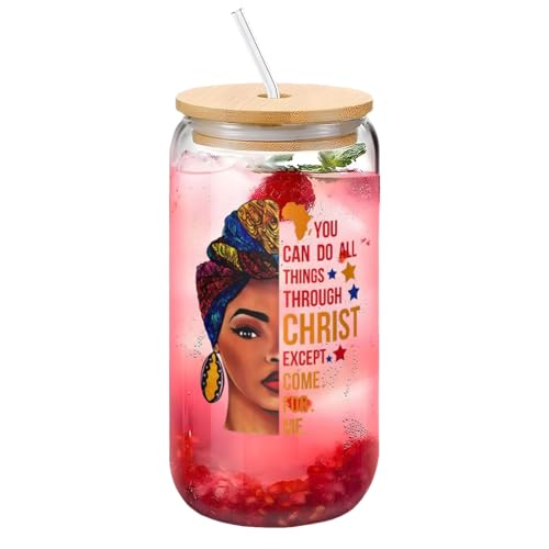 Yipaidel African American Woman with Quotes Black Girl Transparent Glass Cup 16 OZ —— Bamboo Lid & Straw, The Glassware Great for Occasion, Hot and Cold Drinks