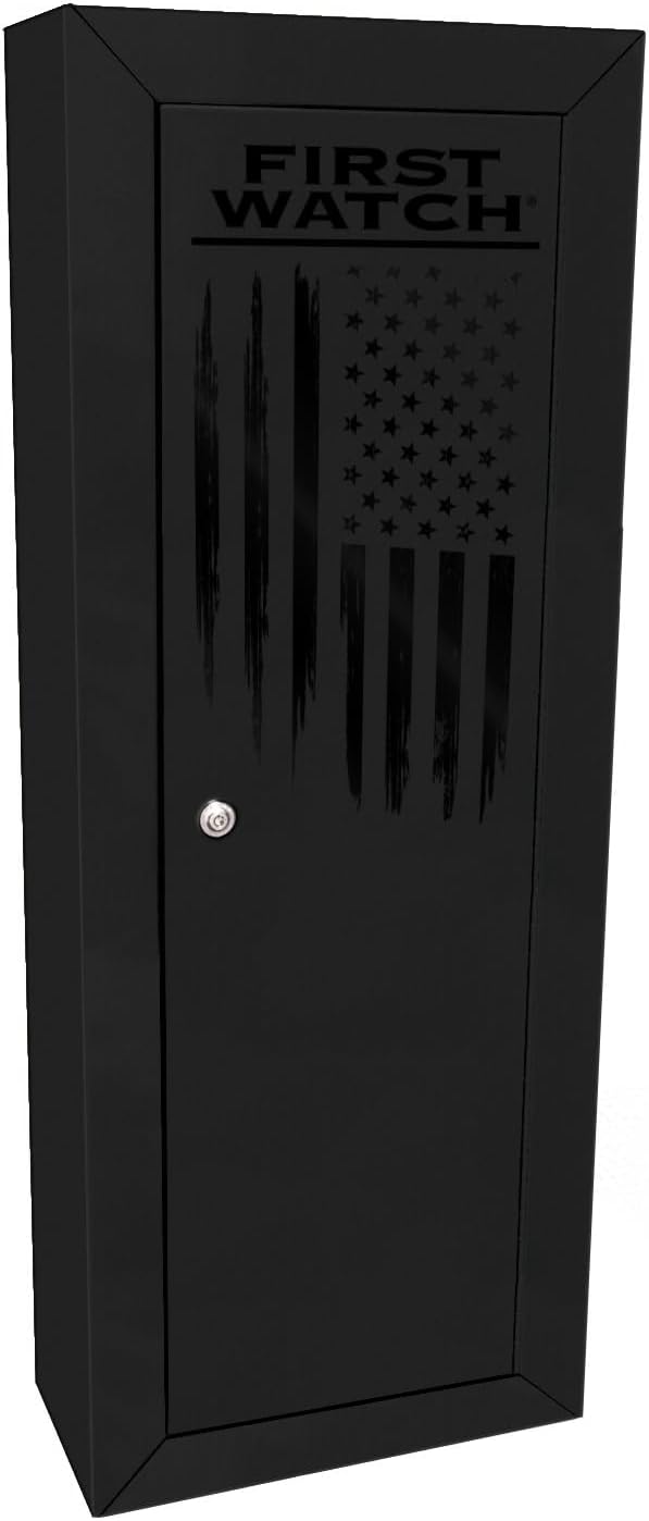 First Watch 8-Gun Security Cabinet, Steel Storage Safe with Lock, American Flag Design, Black
