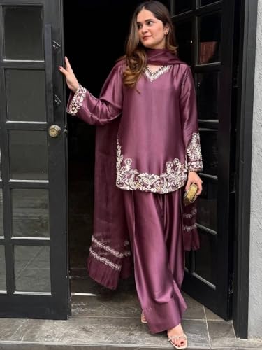 Image of Durwa wondermart Women Silk Crepe Embroidery Work full sleeve v neck with Patiala Gharara with net fabric dupatta set for women