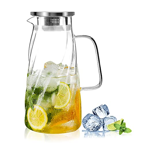 Glass Pitcher with Lid for Fridge Iced Tea Pitcher 57 OZ Gallon Pitcher Water Beverage Pitcher Glass Carafe Juice Jug Hot/Cold Water, Milk, Homemade Beverage, lemonade